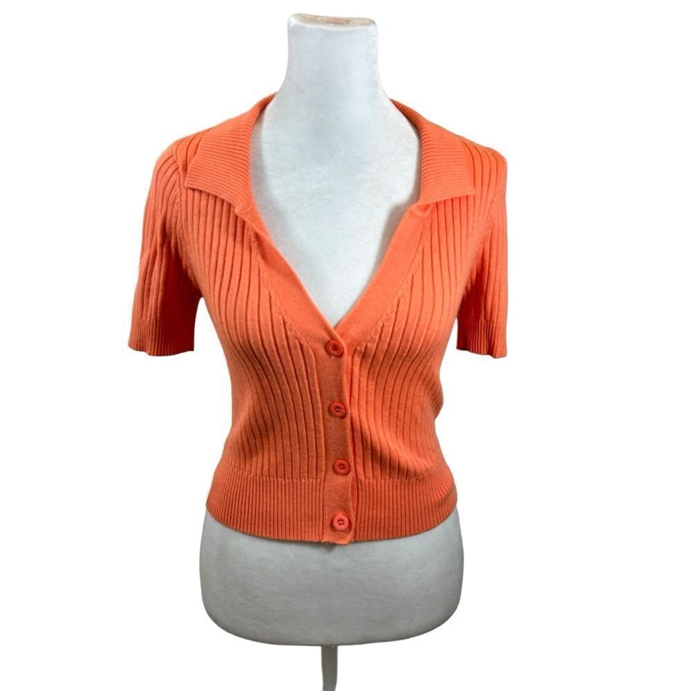 Ladies Vestique Brand Orange Ribbed Button Up Cardigan Size Medium